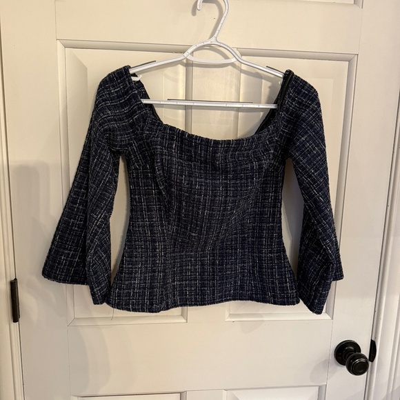New! Zara Off The Shoulder Square Neckline Top Blue Black Tweed 31940 - Picture 5 of 13